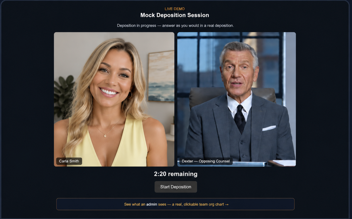 A real Smart Deposition AI session: the trainee's own video tile on the left, labeled with their name, and the AI opposing counsel — labeled "Dexter — Opposing Counsel" — on the right, mid-deposition with the countdown timer running.